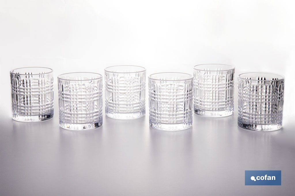 Pack de 6 vasos de agua con relieve | Capacidad: 27,5 cl | Material: vidrio | Color: transparente - Cofan