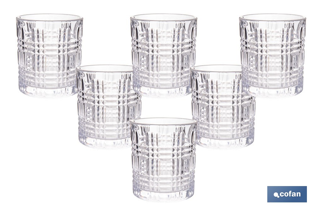 Pack de 6 vasos de agua con relieve | Capacidad: 27,5 cl | Material: vidrio | Color: transparente - Cofan