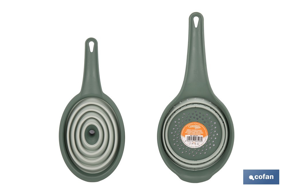 Pack of collapsible funnel and strainer with handle and 0.6-litre capacity | Colour: green | Space saving and easy storage - Cofan