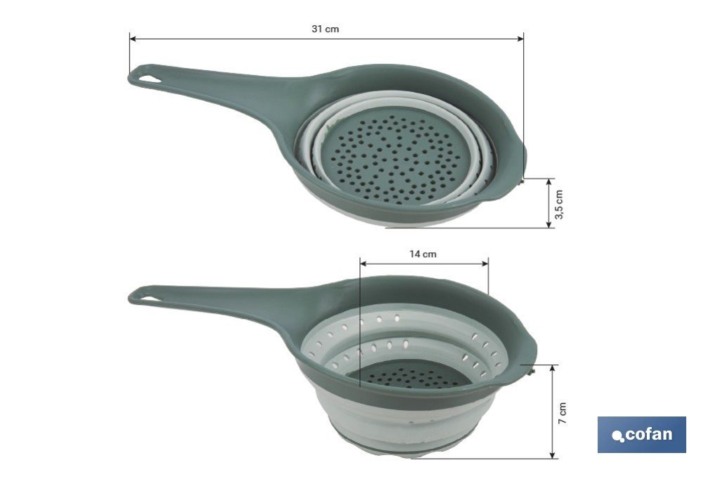 Pack of collapsible funnel and strainer with handle and 0.6-litre capacity | Colour: green | Space saving and easy storage - Cofan