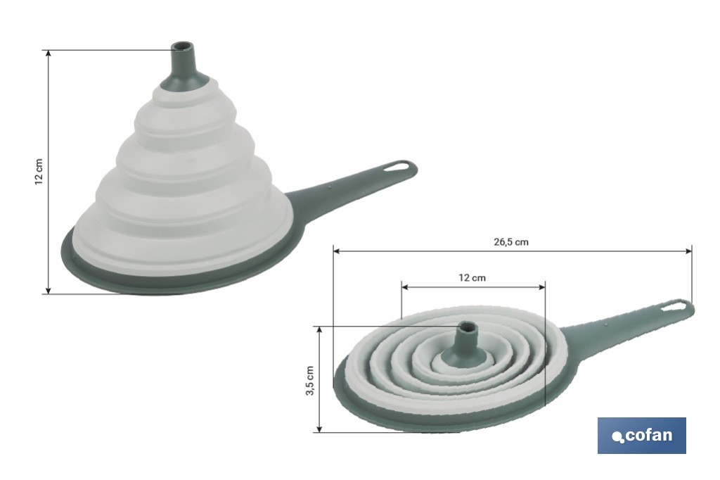 Pack of collapsible funnel and strainer with handle and 0.6-litre capacity | Colour: green | Space saving and easy storage - Cofan