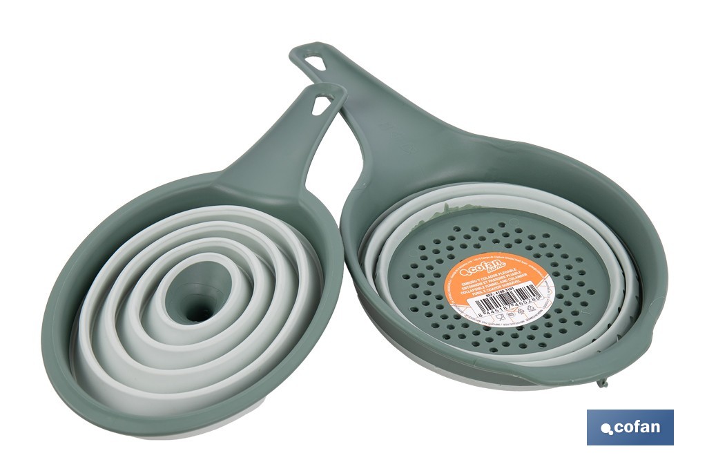 Pack of collapsible funnel and strainer with handle and 0.6-litre capacity | Colour: green | Space saving and easy storage - Cofan