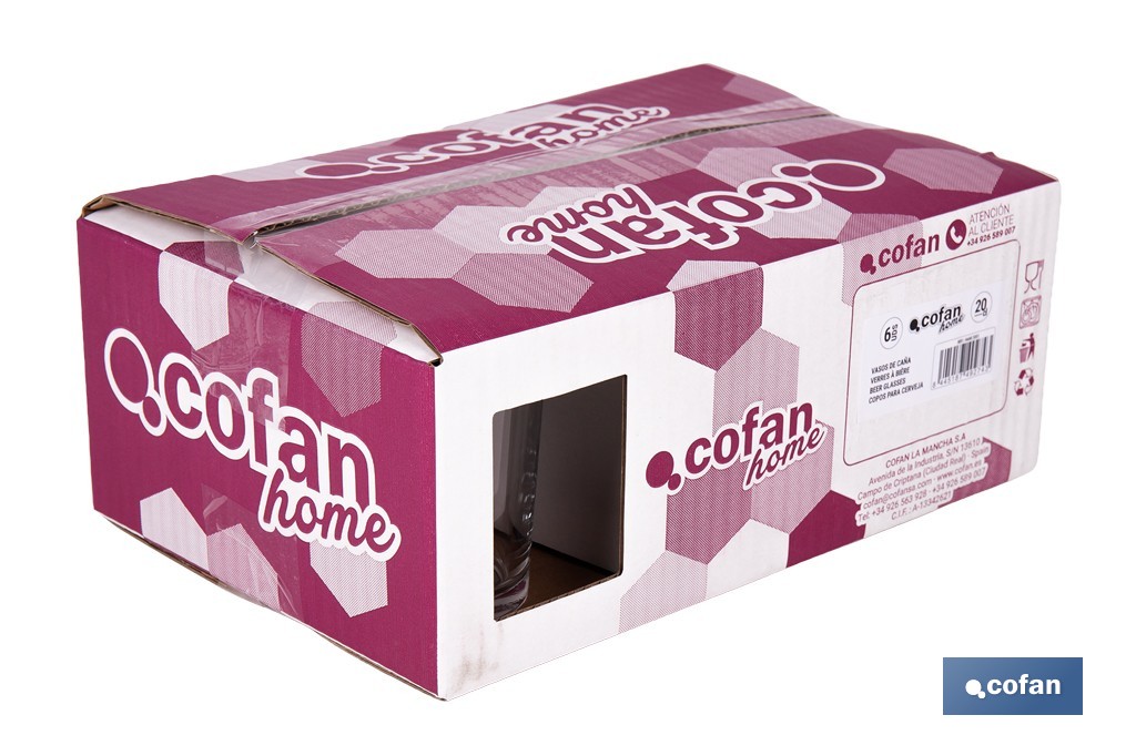 Pack de 6 vasos de caña de vidrio templado | Capacidad: 200 ml | Adecuado para cerveza, agua, refrescos y zumos - Cofan