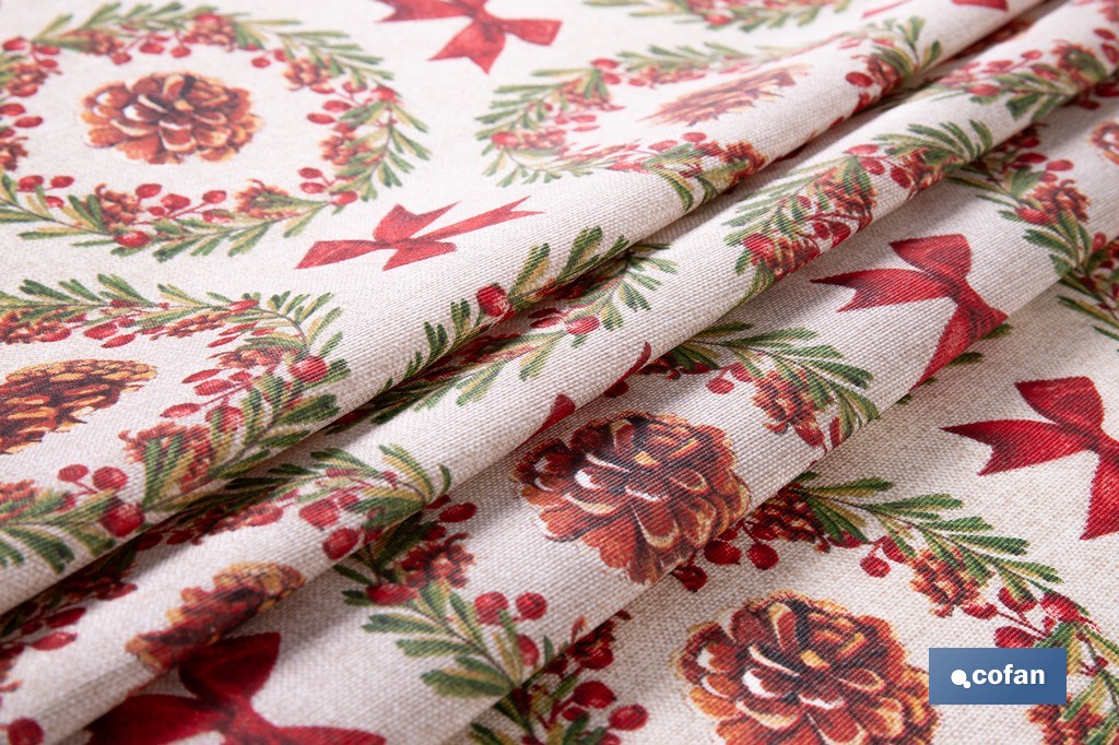 Rollo de mantel resinado antimanchas con lazos y piñas | Materiales: 75 % algodón y 25 % poliéster | Diseño navideño, fácil de limpiar - Cofan