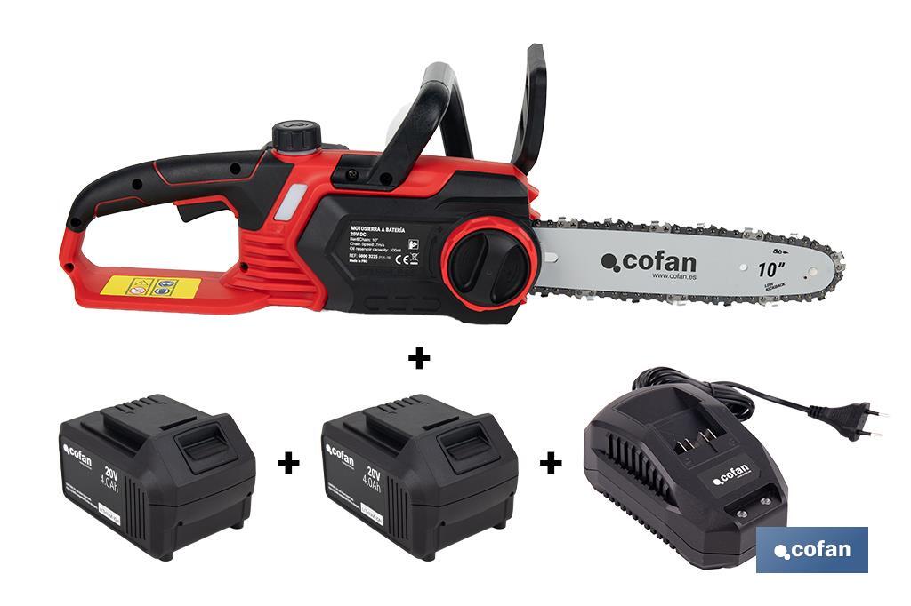 Kit de motosierra a batería con dos baterías de litio 20 V 4.0 Ah | Motosierra sin escobillas | Espada de 10" | Eficiencia y precisión en cortes de madera - Cofan