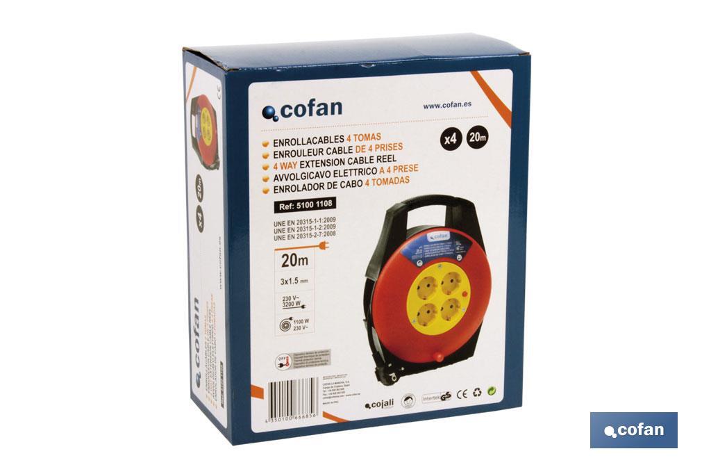 Enrollacables de 4 tomas | Longitud del cable 20 m | Sección cable 3 x 1,5 mm - Cofan