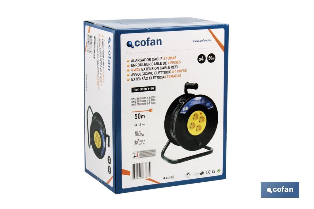 Alargador de cable con 4 tomas | Longitud del cable 50 metros | Sección cable 3 x 1,5 mm - Cofan