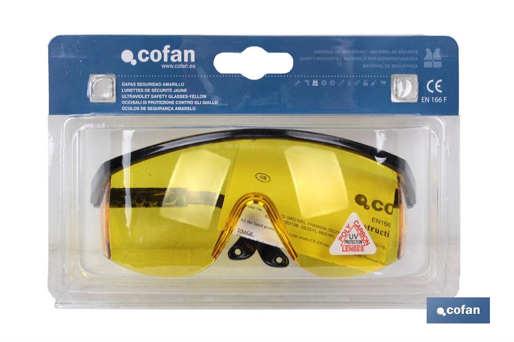 Blister di occhiali di sicurezza | Lenti gialle | Protezione UV | EN 166:2001 - Cofan