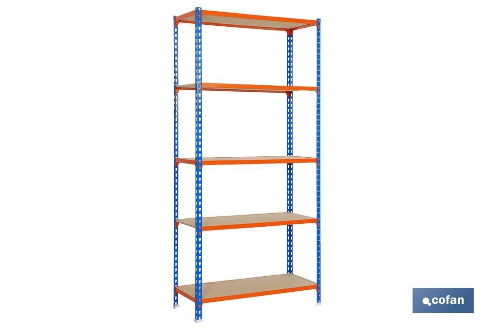 Steel shelving unit | Blue and orange | Available with 5 wooden tiers | Size: 2,000 X 1,000 X 500MM - Cofan