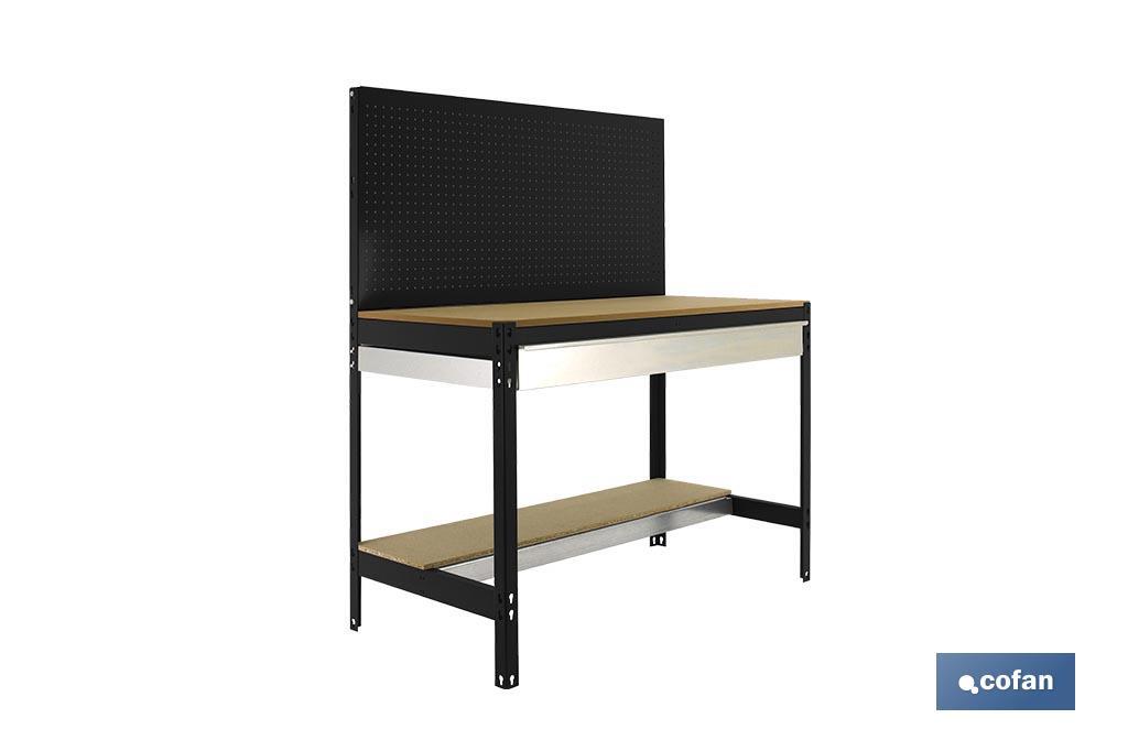 Workbench | With perforated tool panel and 2 wooden shelf boards and 1 drawer | Available in anthracite | Size: 1,445 X 1,210 X 610MM - Cofan