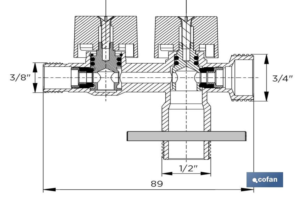 Angle Valve with Double Outlet | Size: 1/2" x 1/2" x 3/8" | Brass CW617N | Gas Inlet Thread - Cofan