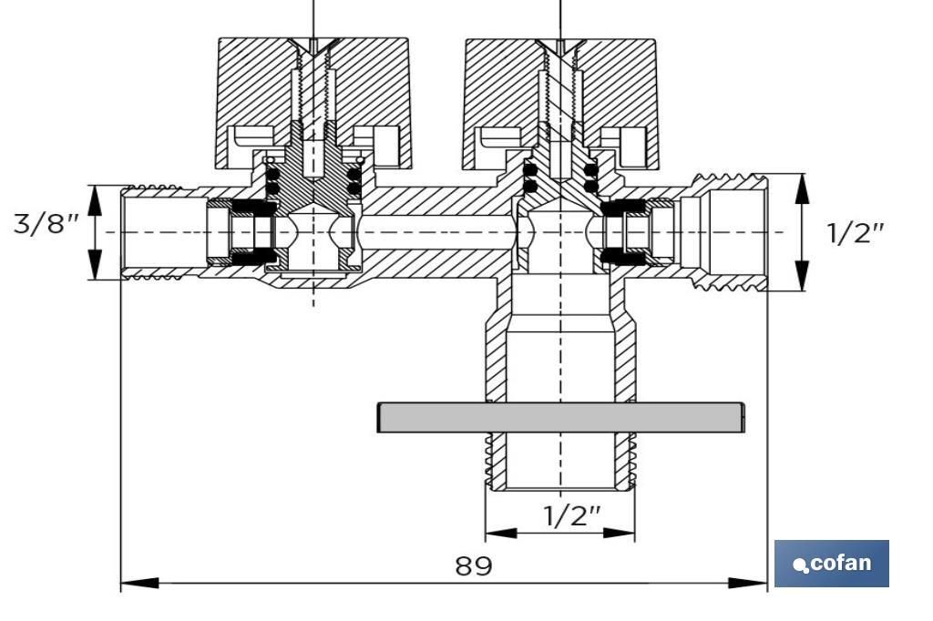 Angle Valve with Double Outlet | Size: 1/2" x 1/2" x 3/8" | Brass CW617N | Gas Inlet Thread - Cofan