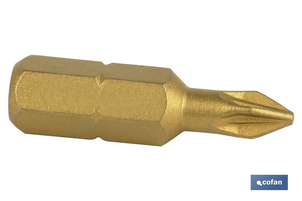 Puntas titanio Pozidrive de atornillar en 1/4' | Con huellas desde PZ 1, PZ 2 y PZ 3 | Versiones de 25 y 50 mm de longitud - Cofan