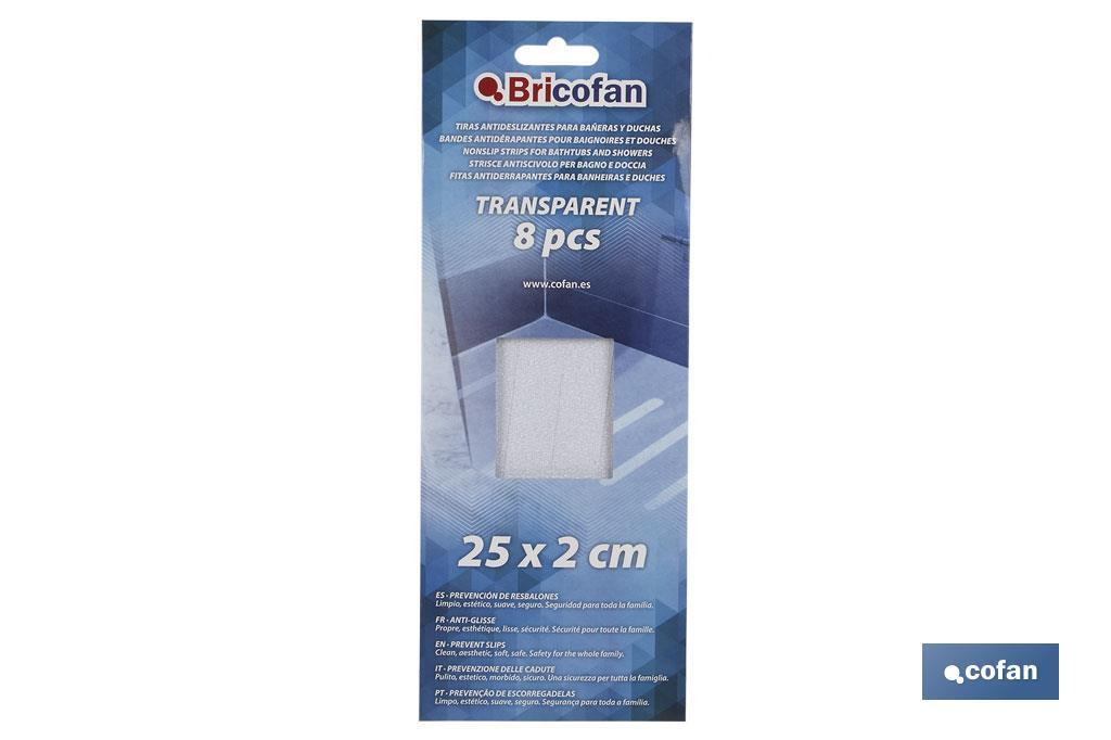 Tiras Antideslizantes Transparentes | Pack 8 uds | Medidas 25 x 2 cm - Cofan