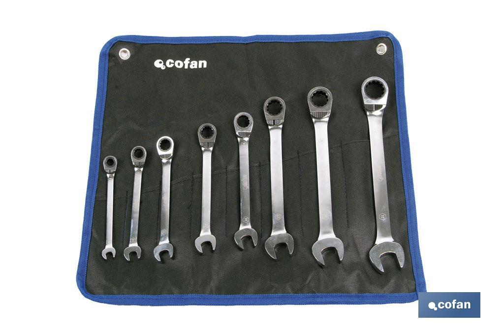 Set of 8 combination ratchet spanners | Chrome-vanadium | Includes: SW8, 10, 12, 13, 14, 17, 19 and 21 - Cofan