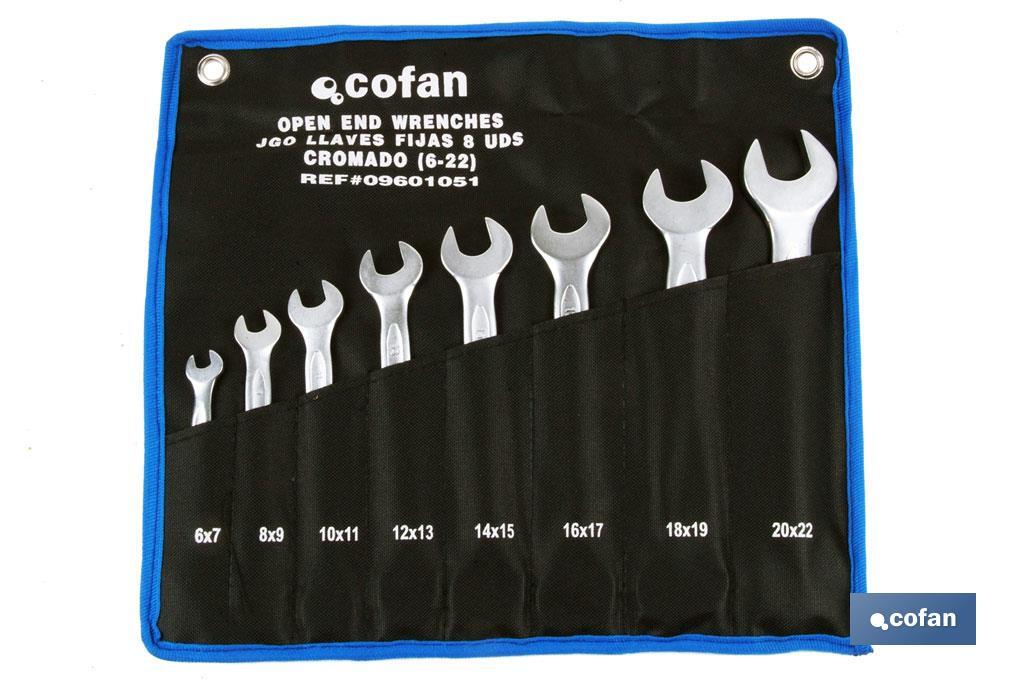 Set of polished open-ended spanners | Available sizes from 6 to 32m | Includes 12 pieces - Cofan