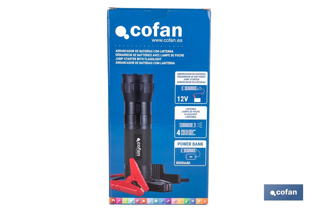 Arrancador portátil de baterías 600 A | Con linterna LED y power bank USB | 330 lúmenes | Adecuado para coches de gasolina hasta 5000 cc y diésel hasta 3000 cc - Cofan