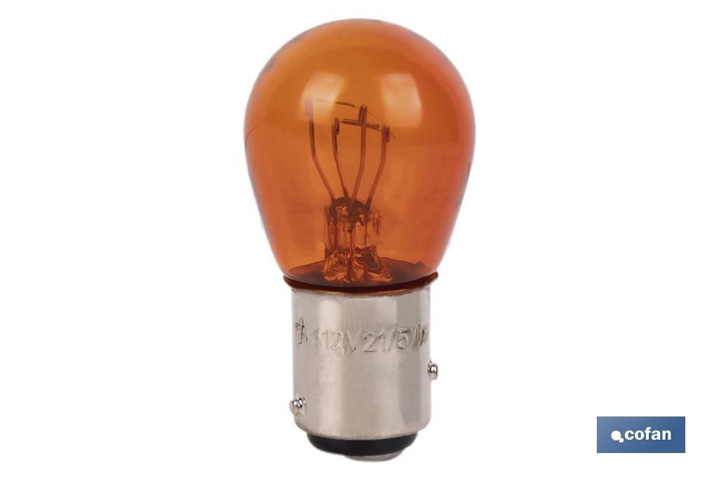 Lampe à 2 ergots décalés 12 V | Douille de type BAZ15 | Ampoule P21/5W de couleur ambre ou orange - Cofan