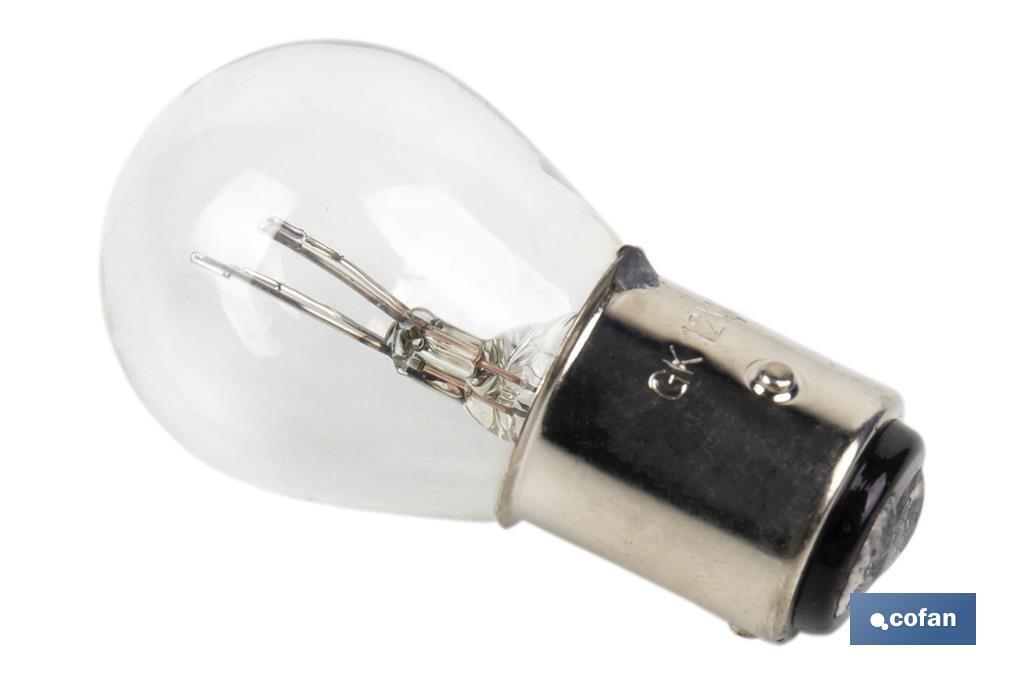 Double contact light bulb of 12V | Offset pins | BAZ15d bulb cap type | P21/5W cap | Available in white - Cofan