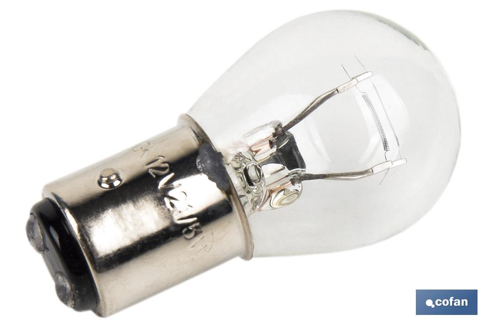 Double contact light bulb of 12V | Offset pins | BAZ15d bulb cap type | P21/5W cap | Available in white - Cofan