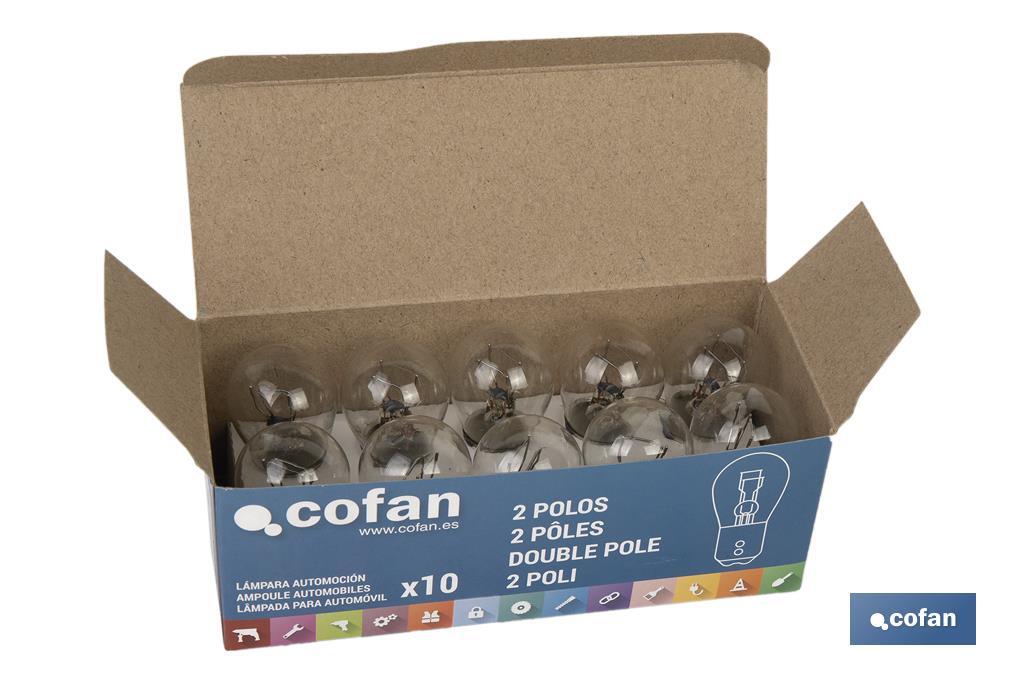 Double contact light bulb of 12V | Offset pins | BAZ15d bulb cap type | P21/5W cap | Available in white - Cofan