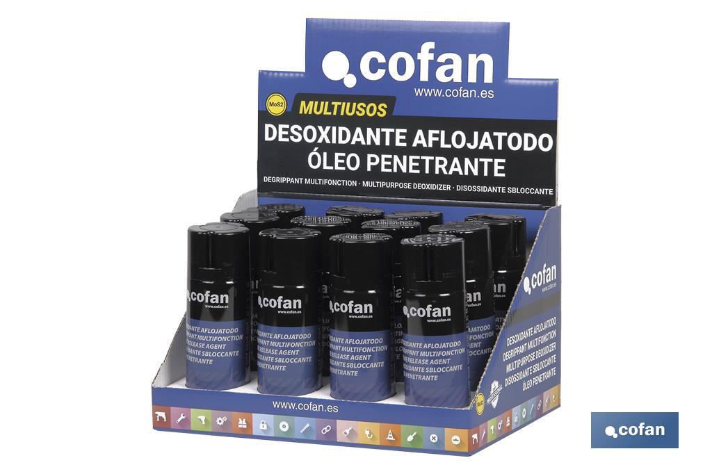 Expositor de afrouxa tudo | Embalagem de 200 ml com 20 Unidades ou de 400 ml com 12 Unidades | Alto poder hidrófugo - Cofan