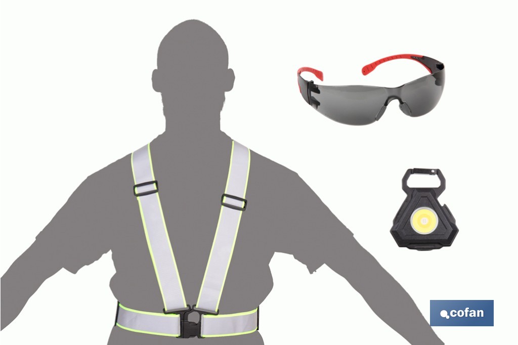 Kit de seguridad 3 en 1: tirantes reflectantes, gafas de protección y linterna LED recargable | Máxima seguridad y mayor visibilidad - Cofan