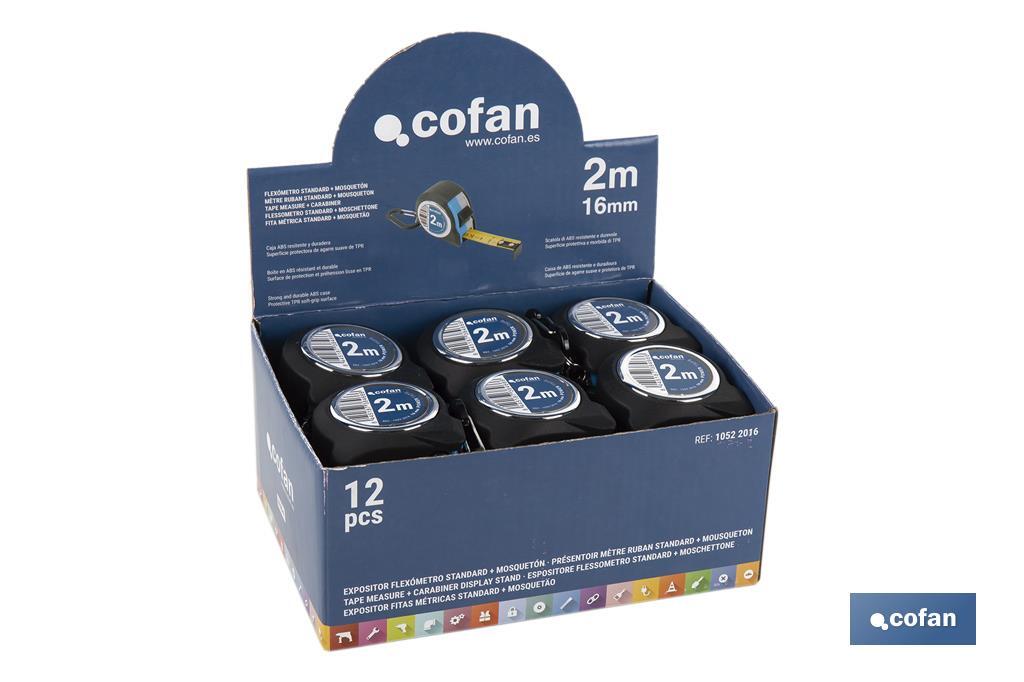 Présentoir de mètre ruban | Matériau : carton PEHD | 12 mètres ruban compris | Dimensions : 258 x 155 x 60 mm - Cofan