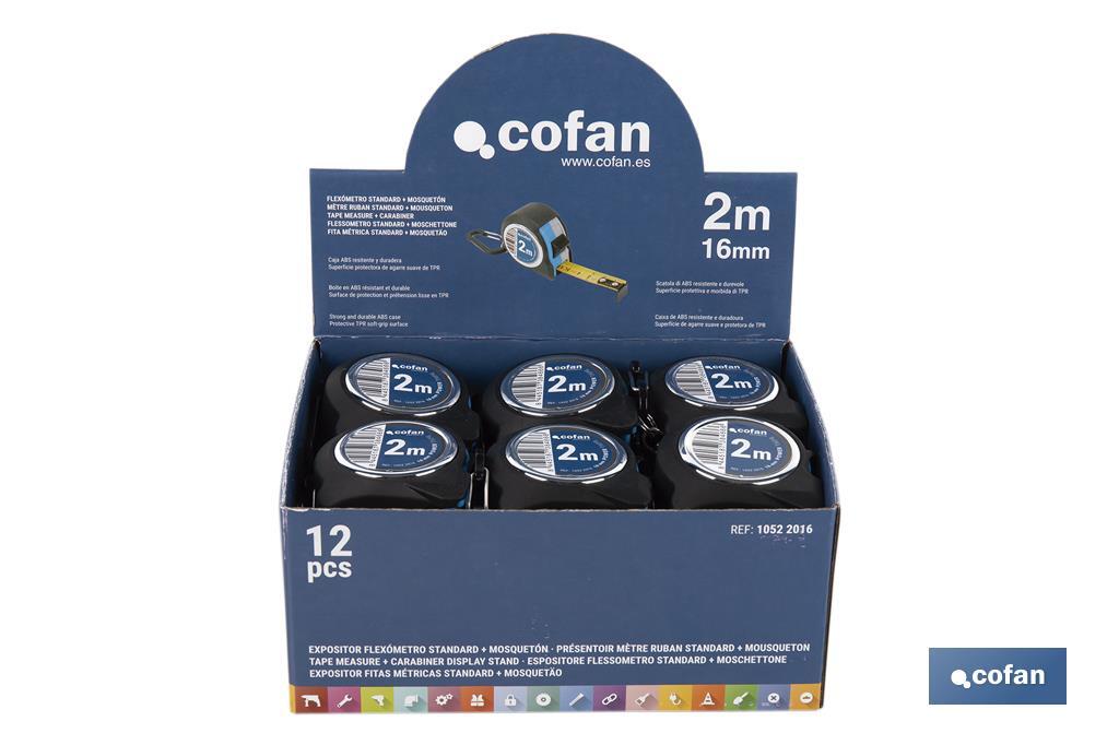 Présentoir de mètre ruban | Matériau : carton PEHD | 12 mètres ruban compris | Dimensions : 258 x 155 x 60 mm - Cofan