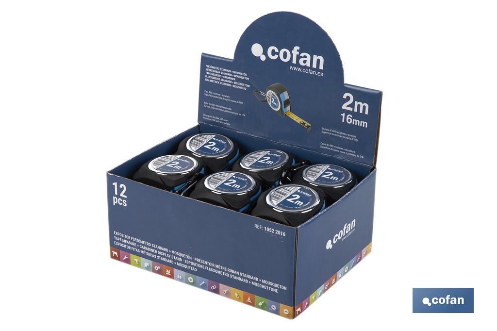 Présentoir de mètre ruban | Matériau : carton PEHD | 12 mètres ruban compris | Dimensions : 258 x 155 x 60 mm - Cofan