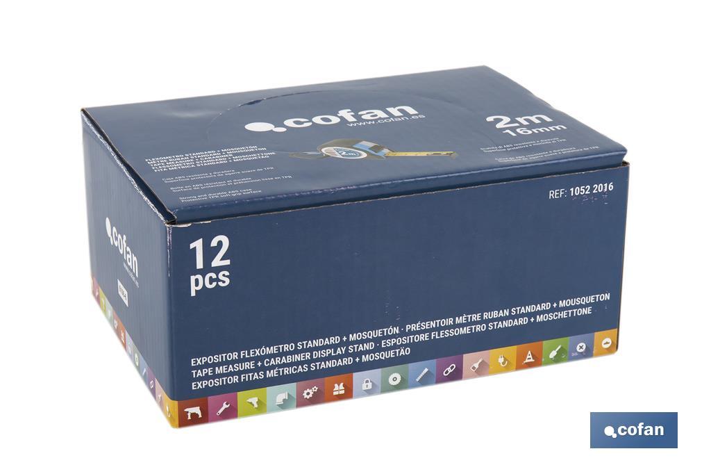 Présentoir de mètre ruban | Matériau : carton PEHD | 12 mètres ruban compris | Dimensions : 258 x 155 x 60 mm - Cofan