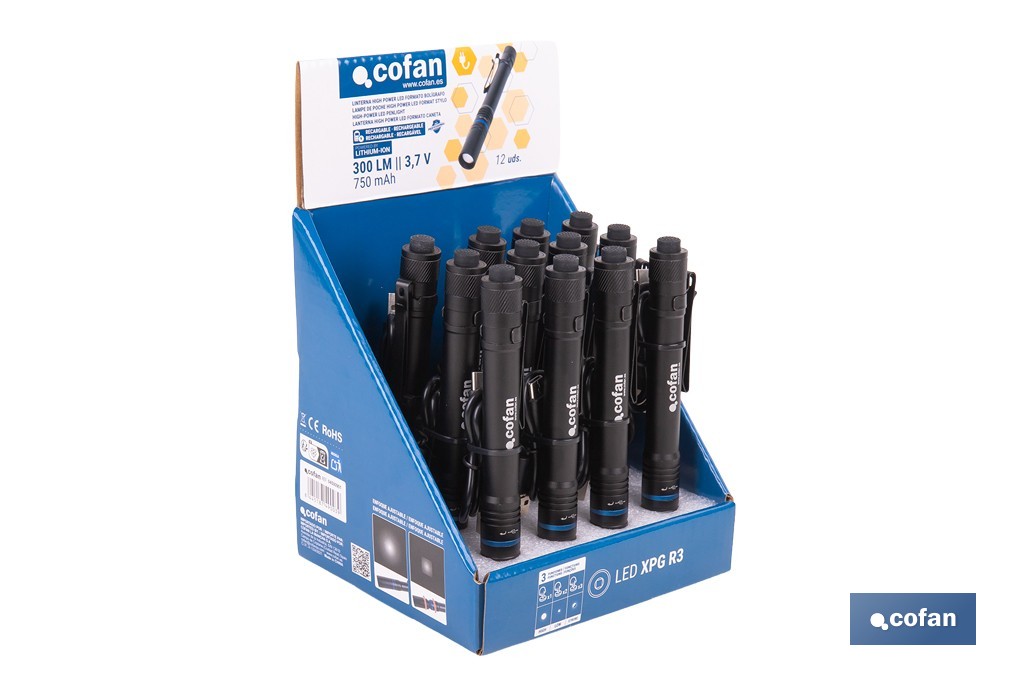 Expositor de linternas LED formato bolígrafo recargables mediante USB-C | Incluye 12 unidades - Cofan