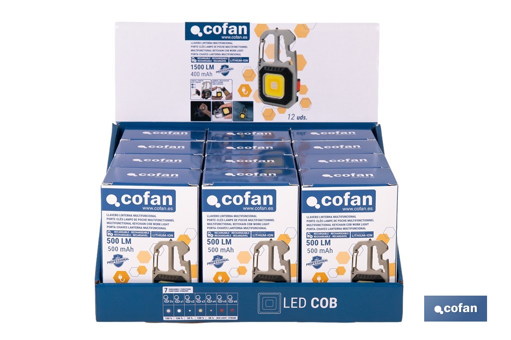 Expositor de linternas llavero multifunción LED COB 500 lm recargables | Incluye 12 unidades - Cofan
