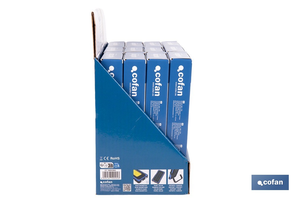 Expositor de lámparas de inspección COB LED recargables con panel solar | Incluye 12 unidades - Cofan