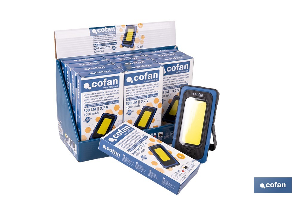 Expositor de lámparas de inspección COB LED recargables con panel solar | Incluye 12 unidades - Cofan