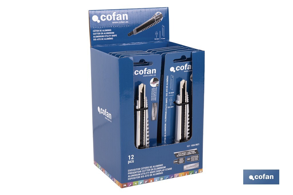 Expositor de cúteres de aluminio | Incluye 12 cúteres profesionales | Disponible en diferentes medidas - Cofan