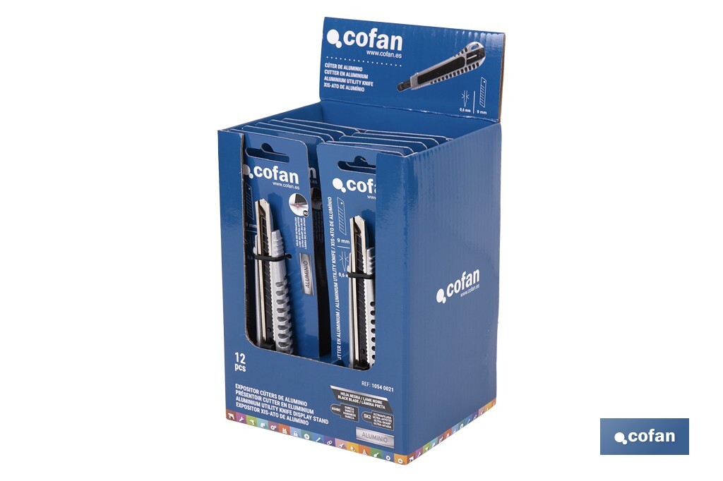Expositor de cúteres de aluminio | Incluye 12 cúteres profesionales | Disponible en diferentes medidas - Cofan