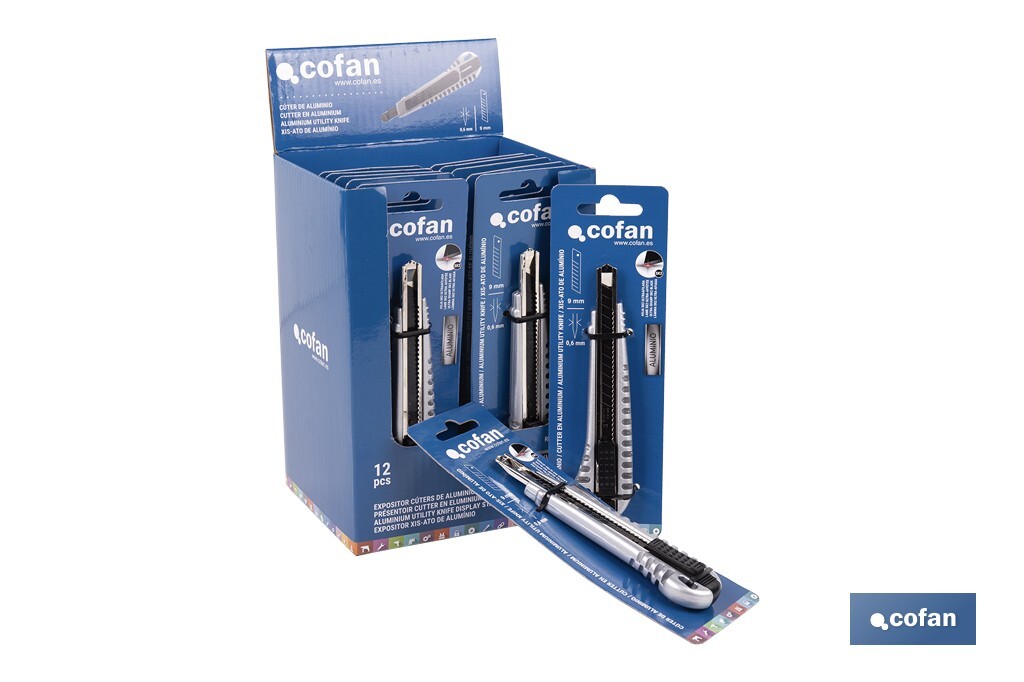 Expositor de cúteres de aluminio | Incluye 12 cúteres profesionales | Disponible en diferentes medidas - Cofan