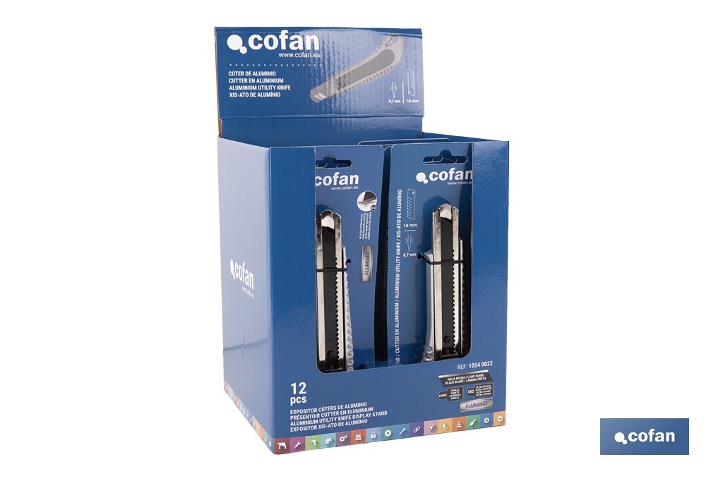 Expositor de cúteres de aluminio | Incluye 12 cúteres profesionales | Disponible en diferentes medidas - Cofan