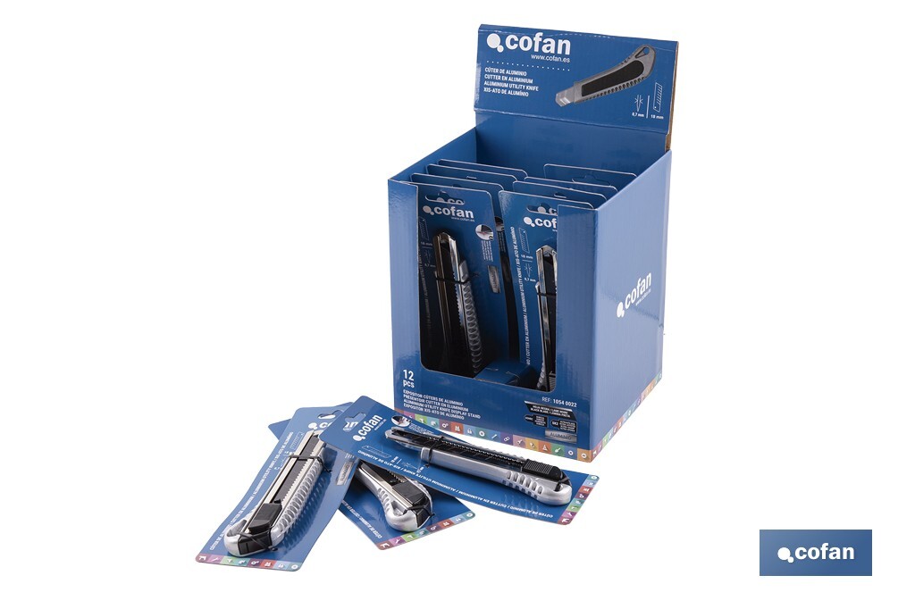 Expositor de cúteres de aluminio | Incluye 12 cúteres profesionales | Disponible en diferentes medidas - Cofan