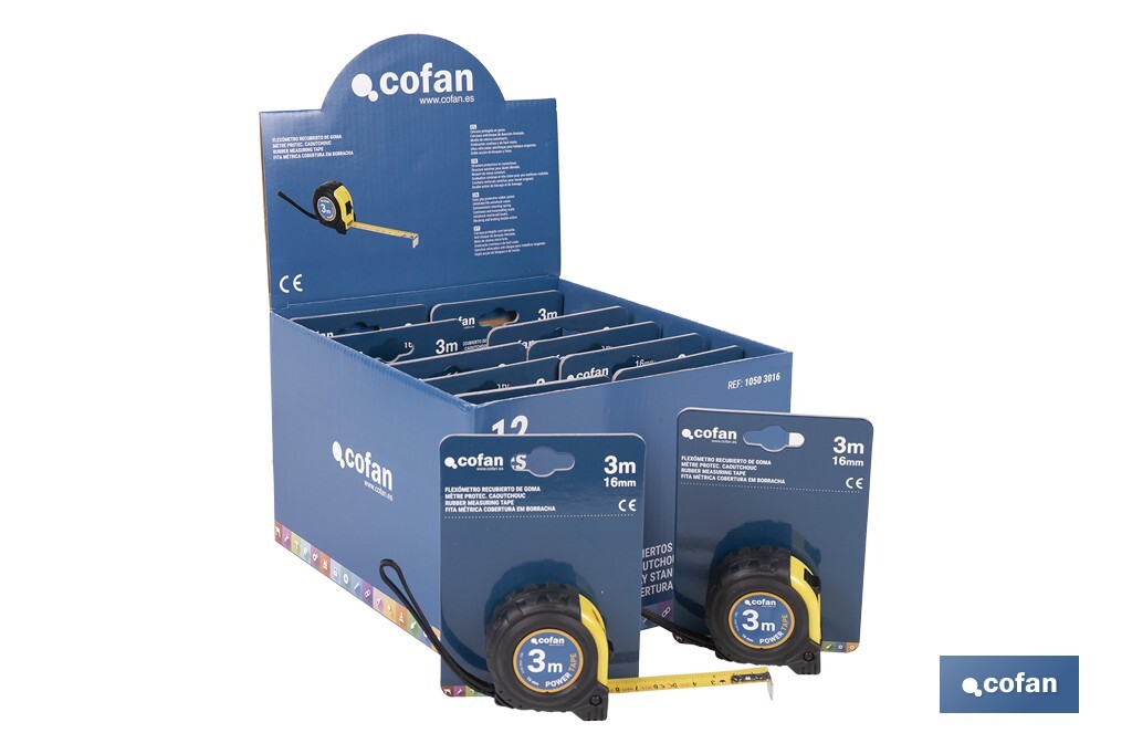 Expositor para flexómetros con protección de goma de Cofan | Incluyen los flexómetros | Varias medidas y capacidades - Cofan