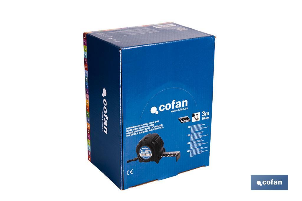 Expositor para flexómetros con hoja de nylon negra y doble cara de Cofan | Incluyen los flexómetros | Varias medidas y capacidades - Cofan