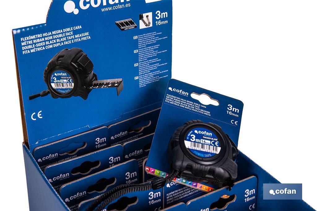 Expositor para flexómetros con hoja de nylon negra y doble cara de Cofan | Incluyen los flexómetros | Varias medidas y capacidades - Cofan