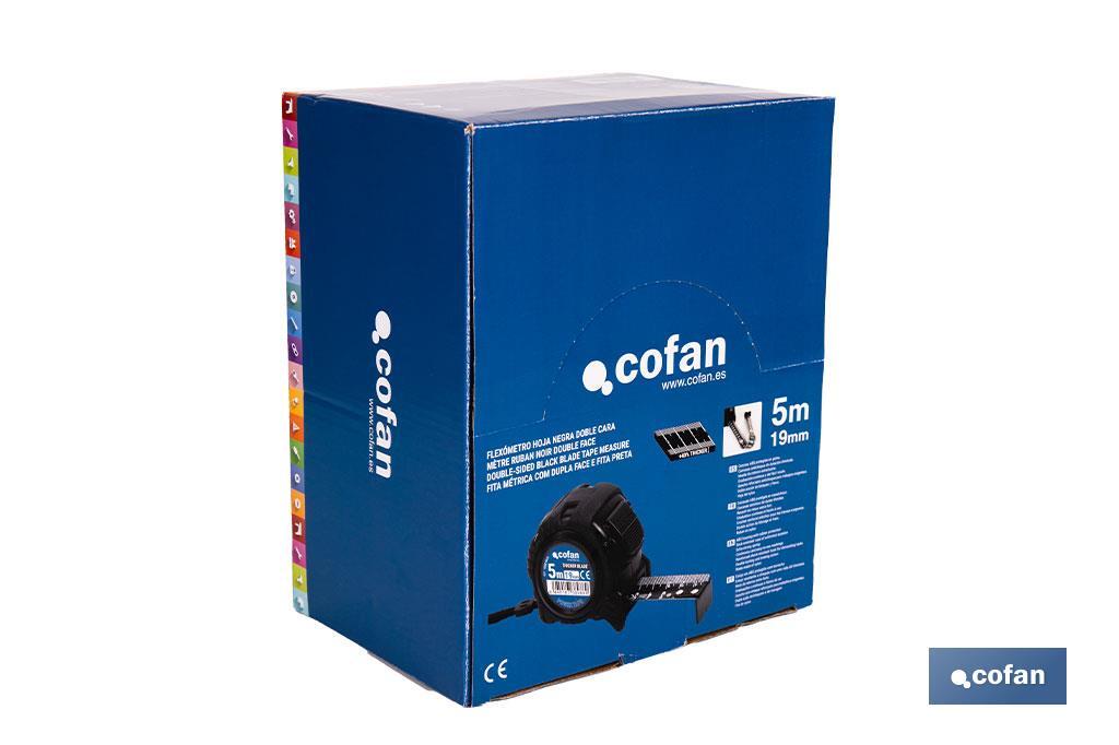 Expositor para flexómetros con hoja de nylon negra y doble cara de Cofan | Incluyen los flexómetros | Varias medidas y capacidades - Cofan