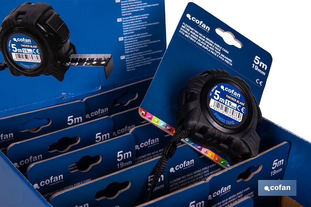 Expositor para flexómetros con hoja de nylon negra y doble cara de Cofan | Incluyen los flexómetros | Varias medidas y capacidades - Cofan