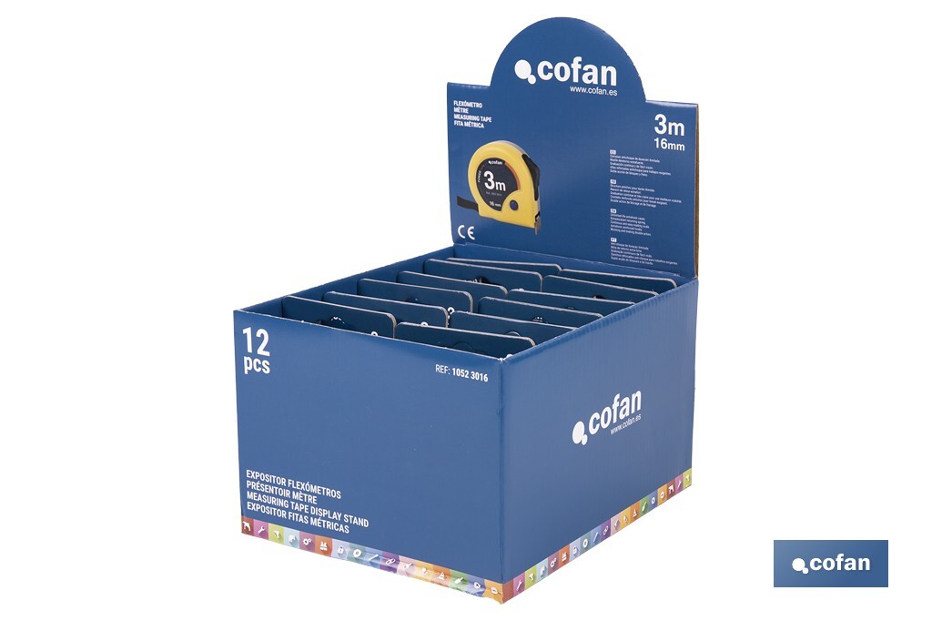 Expositores de flexómetros con bloqueo de hoja Cofan | Flexómetros incluidos | Disponible en diferentes medidas y capacidades - Cofan