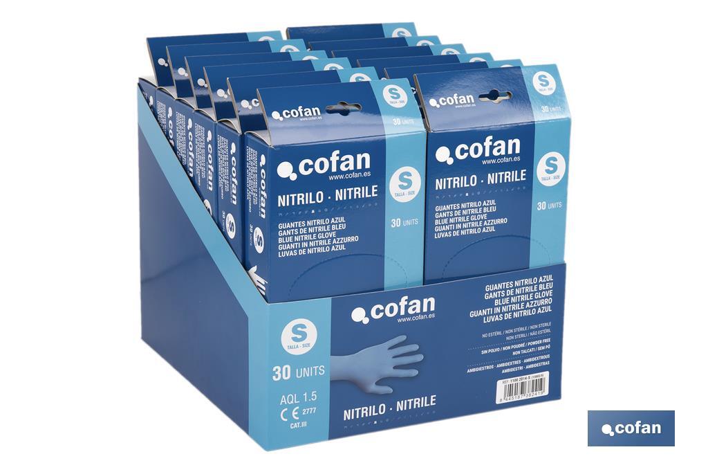 Présentoir de boîtes distributrices de gants en nitrile non poudrés | Présentoir de 12 boîtes de 30 unités | Trois tailles différentes - Cofan