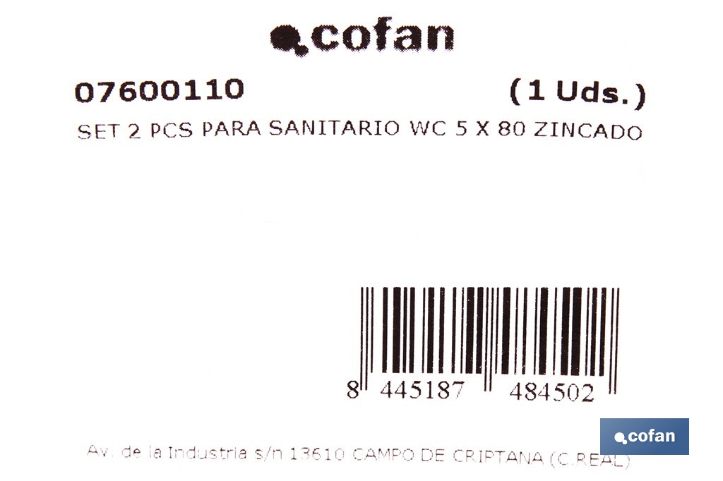 Kit de fijación para el inodoro o bidé | Conjunto de 2 espárragos, tapones y tacos | Disponible en diferentes acabados - Cofan