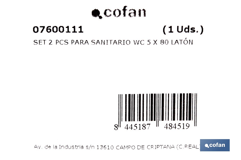 Kit de fijación para el inodoro o bidé | Conjunto de 2 espárragos, tapones y tacos | Disponible en diferentes acabados - Cofan