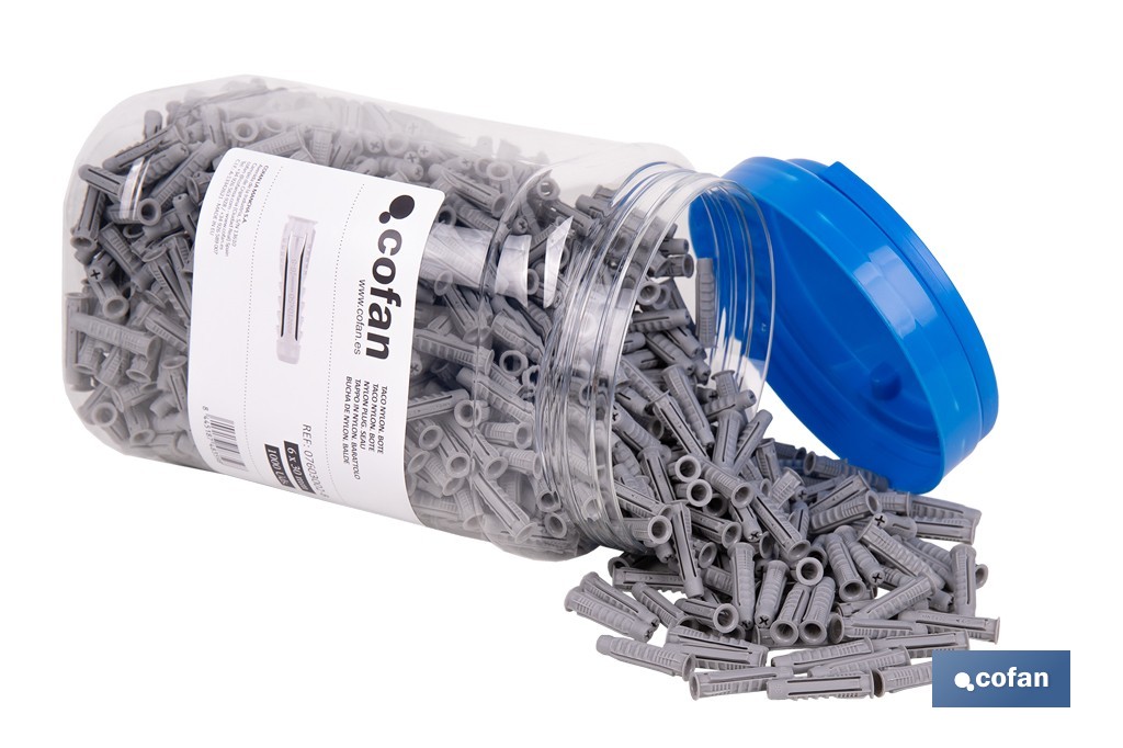 Bote de tacos de nylon multimaterial de 4 segmentos con sistema Anti-Spin | Con collarín de expansión, adecuado para cargas ligeras | Disponible en tres medidas - Cofan